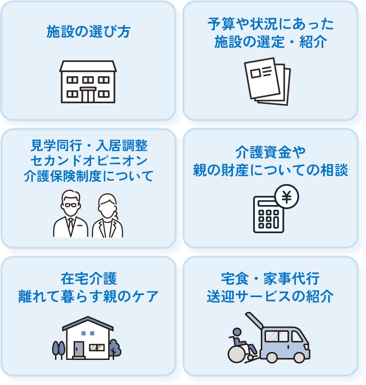 施設の選び方。予算や状況にあった施設の選定・紹介。建学同行・入居調整・セカンドオピニオン・介護保険制度について。介護資金や親の財産についての相談。在宅介護・離れて暮らす親のケア。宅食・家事代行・送迎サービスの紹介。